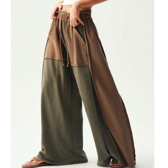 Color Block Stretchy Waist Drawstring Pockets Wide Leg Pants - Picture 2 of 5